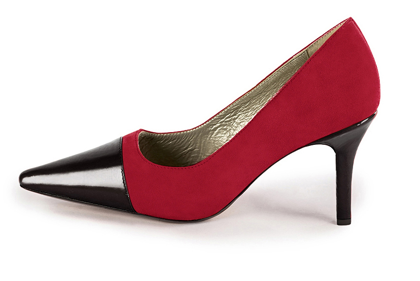 Gloss black and cardinal red women's dress pumps,with a square neckline. Pointed toe. High slim heel. Profile view - Florence KOOIJMAN